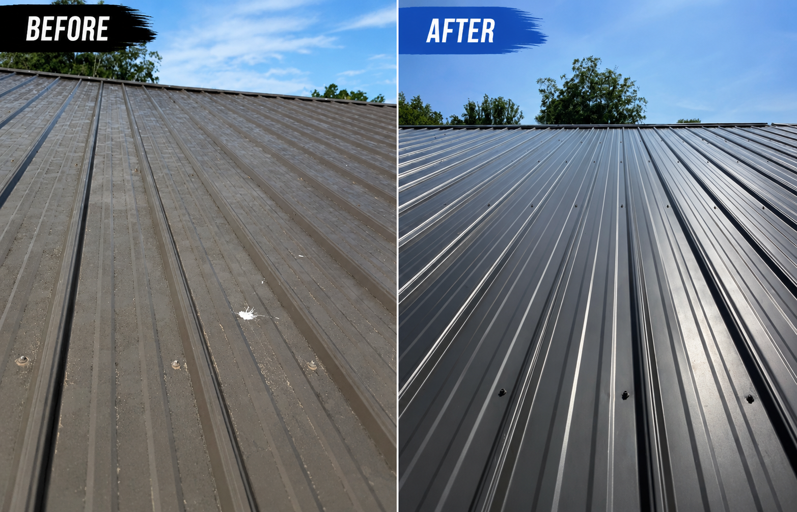 Before and after photos of a metal roof wash showing dirt and buildup removed from the roof panels