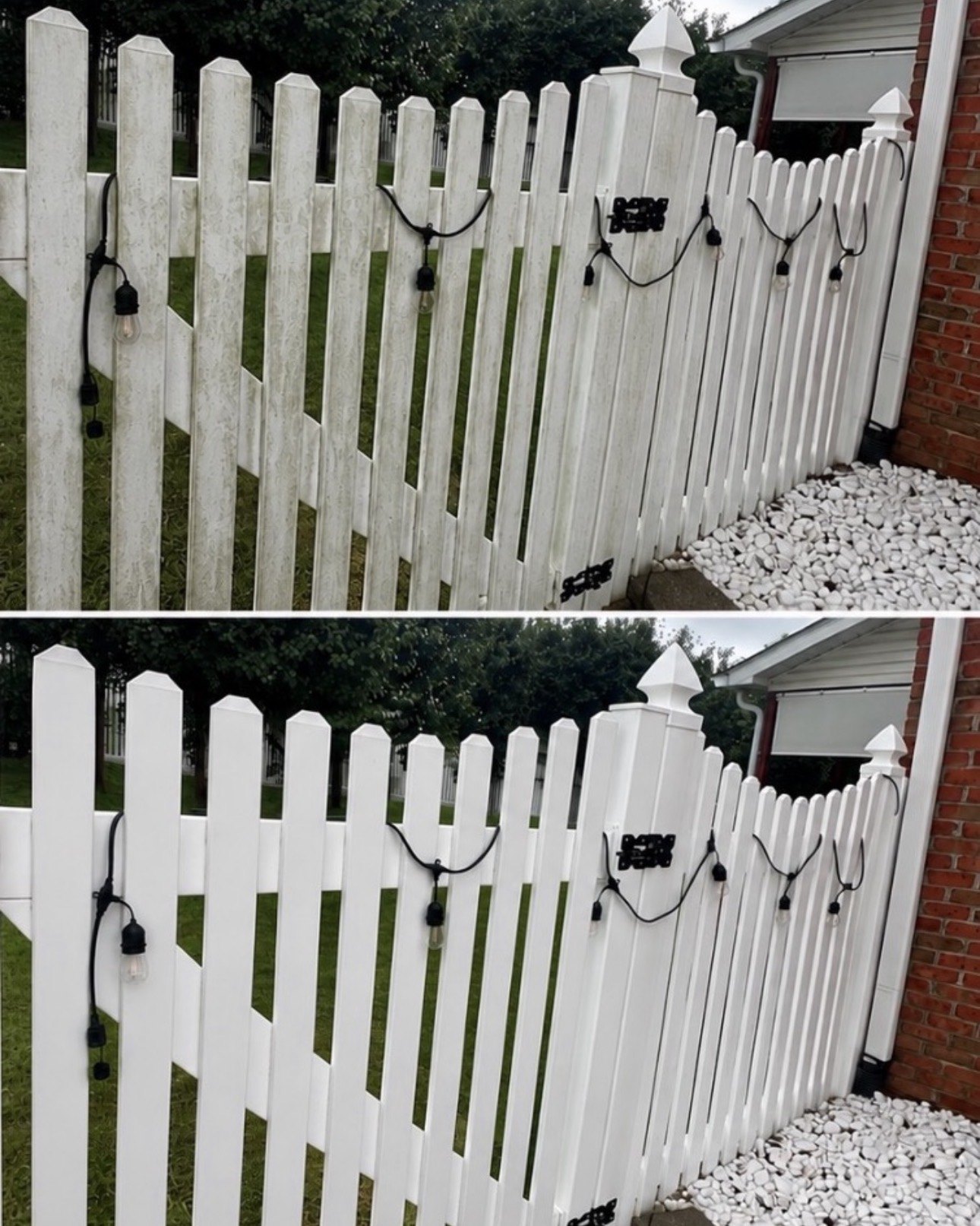 Before and after photos of a white vinyl fence cleaning