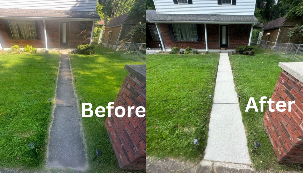 Before and after photos of a residential concrete walkway cleaning